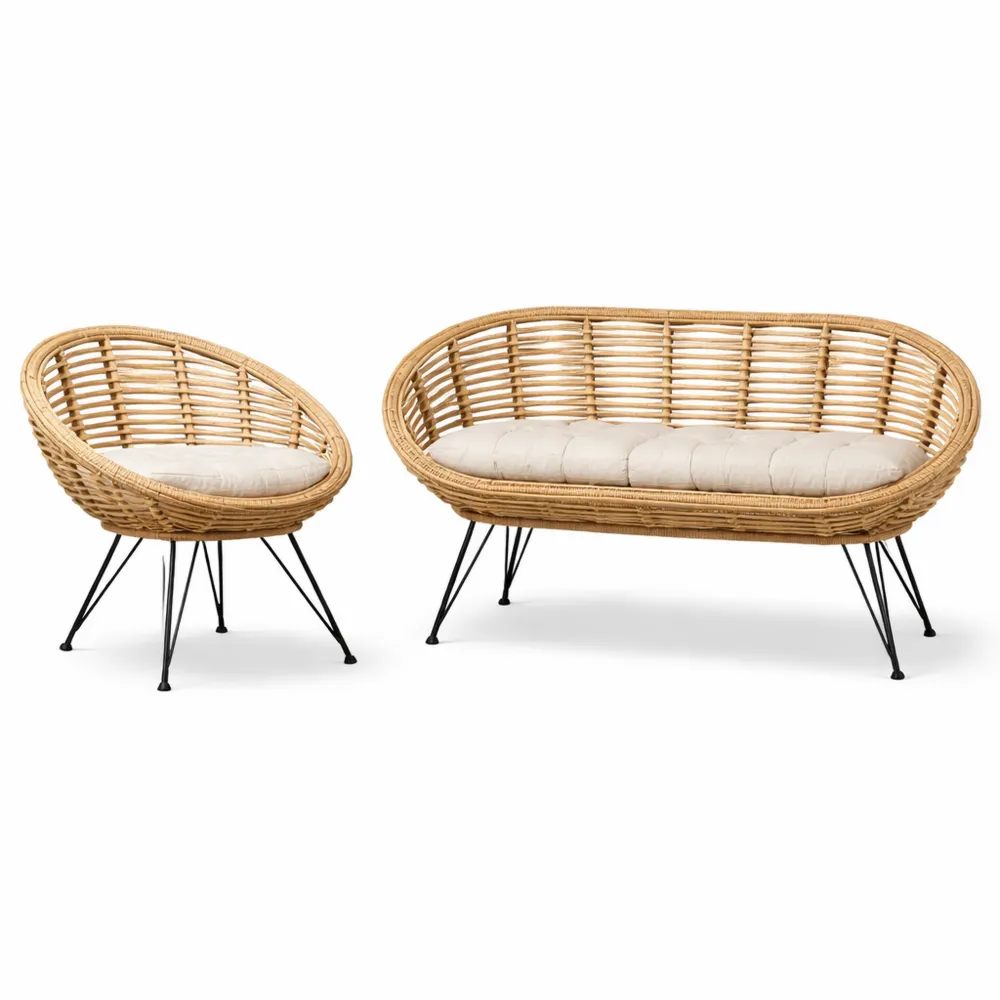 Rattan-Gartenmöbel-Set mit Kissen und Metallbeinen