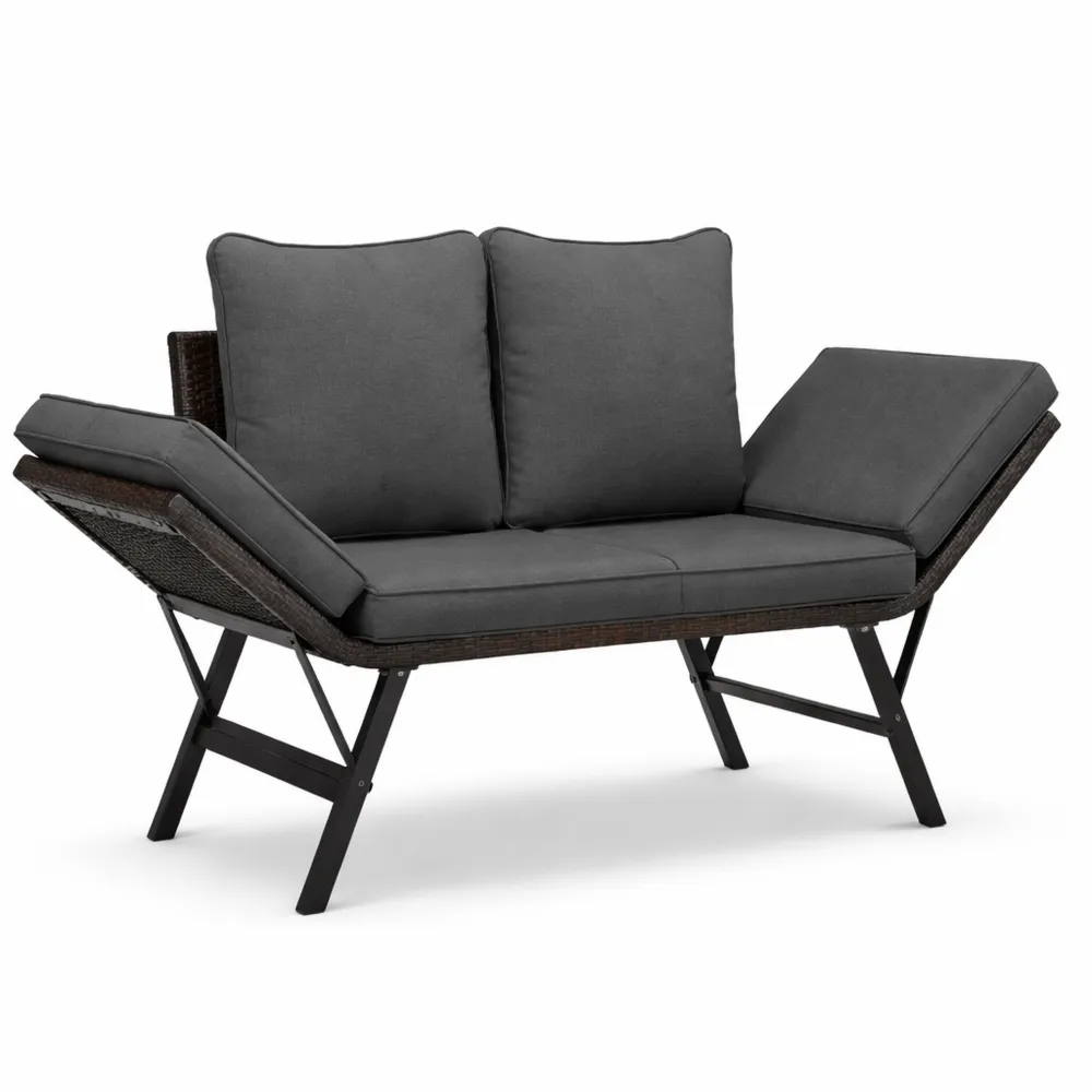 Wetterfeste Gartenbank aus Polyrattan mit Relaxfunktion und dicken Sitzpolstern