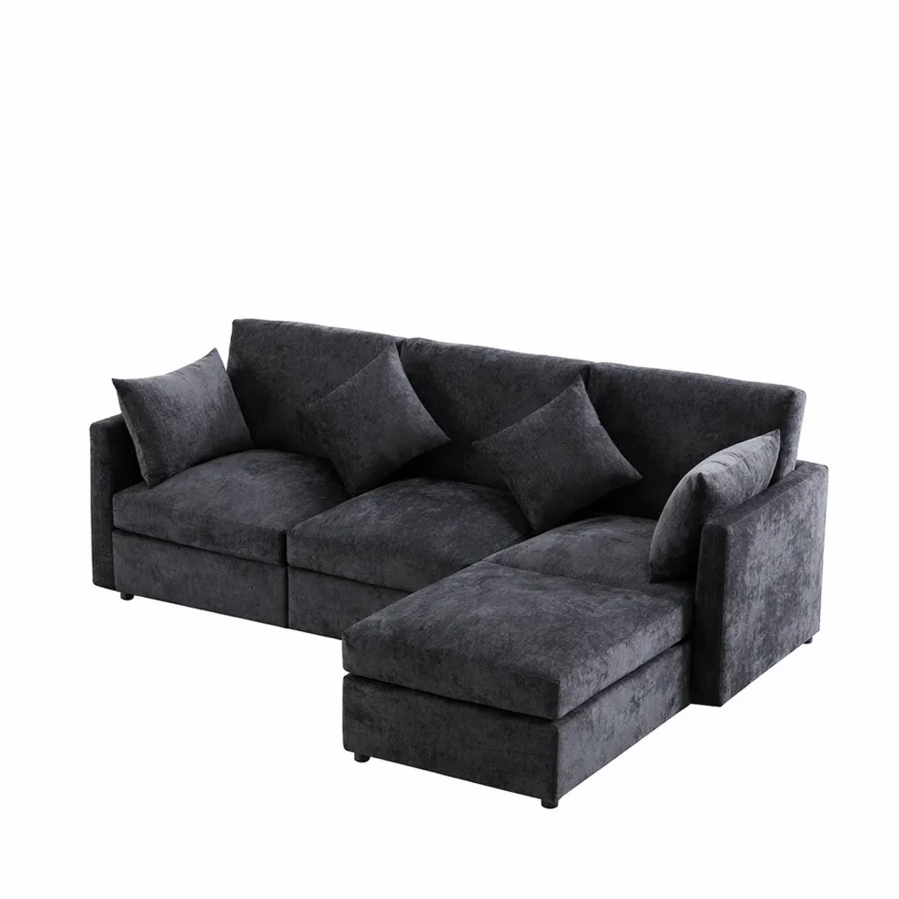 Modulares L-förmiges Ecksofa mit Hocker, 3-Sitzer aus Chenille-Stoff, für Wohnzimmer, einfache Montage, grau