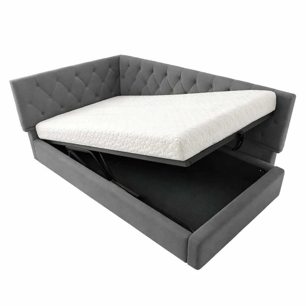 Polsterbett 90x200 cm mit Stauraum und Lattenrost, Samt Grau