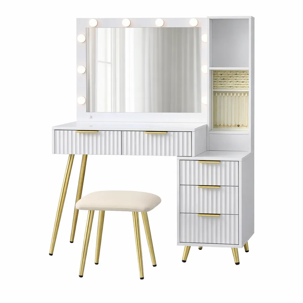 Schminktisch mit Spiegel und LED-Licht, Frisiertisch mit Schubladen und Hocker, kosmetische Organisation