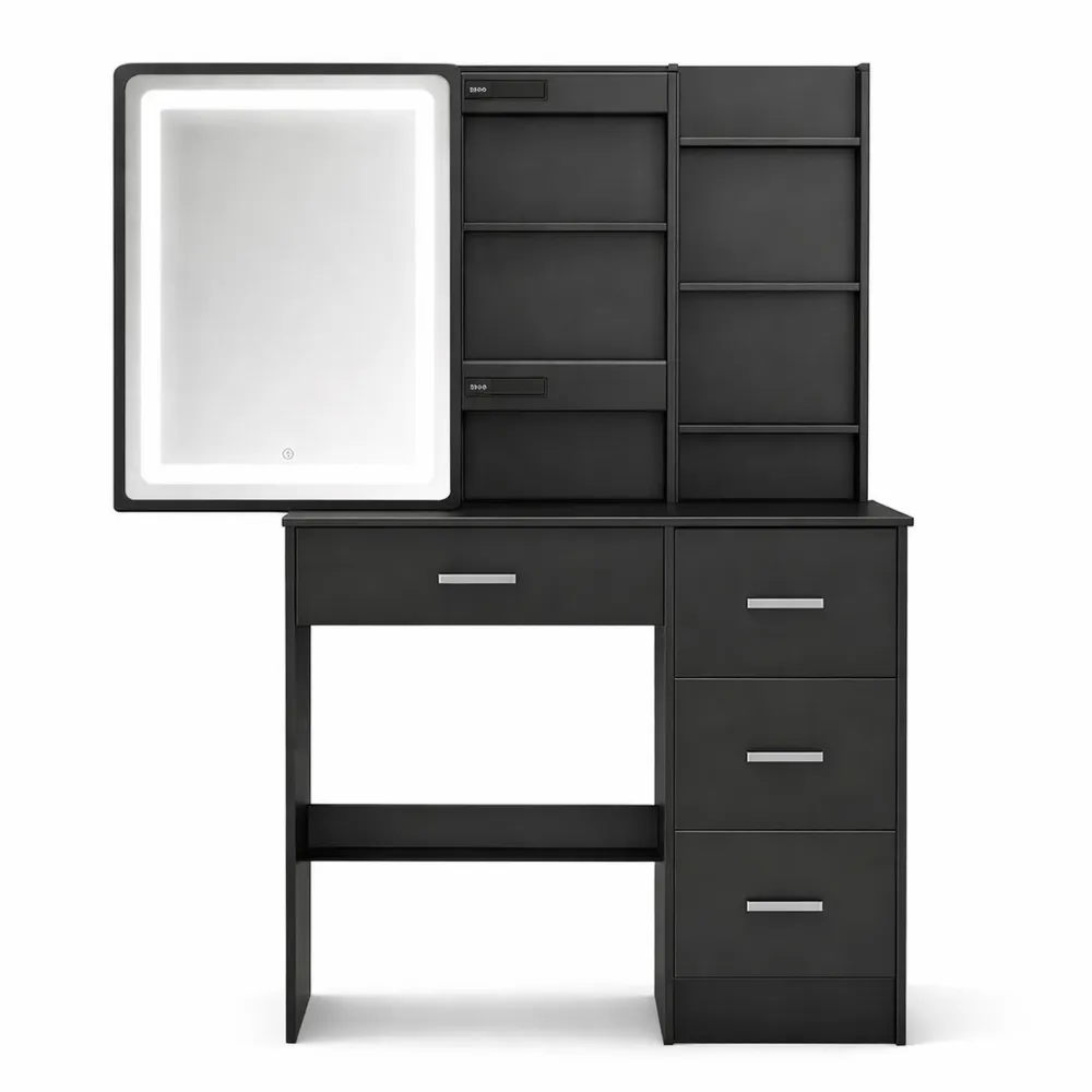 Schminktisch mit LED-Beleuchtung und Stauraum, 80 cm Breit, Schwarz mit Silbernen Griffen