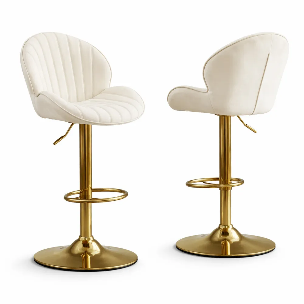 Verstellbare Samt-Barhocker mit Drehfunktion und Fußstütze, 2er Set, Beige