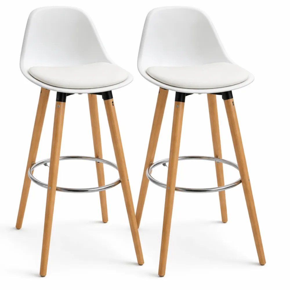 Gepolsterte Barhocker mit Holzbeinen und Rückenlehne, Kunstleder Weiß