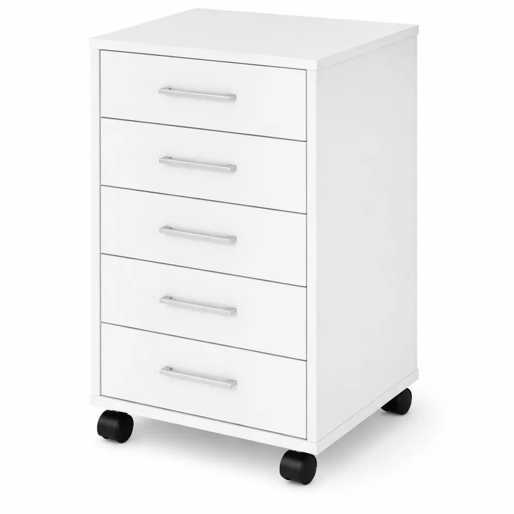 Rollcontainer mit 5 Schubladen, Weiß, Holz & Aluminium-Griffe, Mobiler Büroschrank