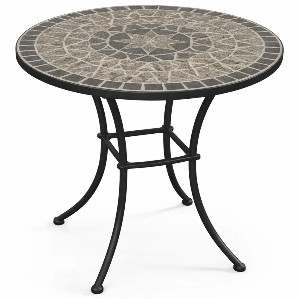 Runder Mosaiktisch mit Keramikplatte, 60 cm, Metallgestell, Grau/Weiß