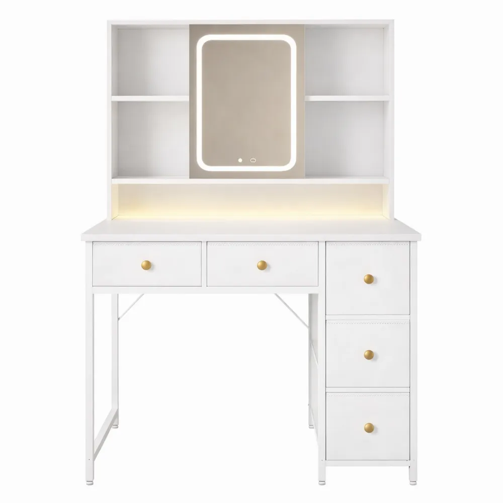 Kosmetiktisch mit LED-Spiegel & USB-Anschlüssen, inkl. RGB-Lichtleiste und Stoffschubladen, 3-Etagen-Regal, Weiß, 90x40x139cm