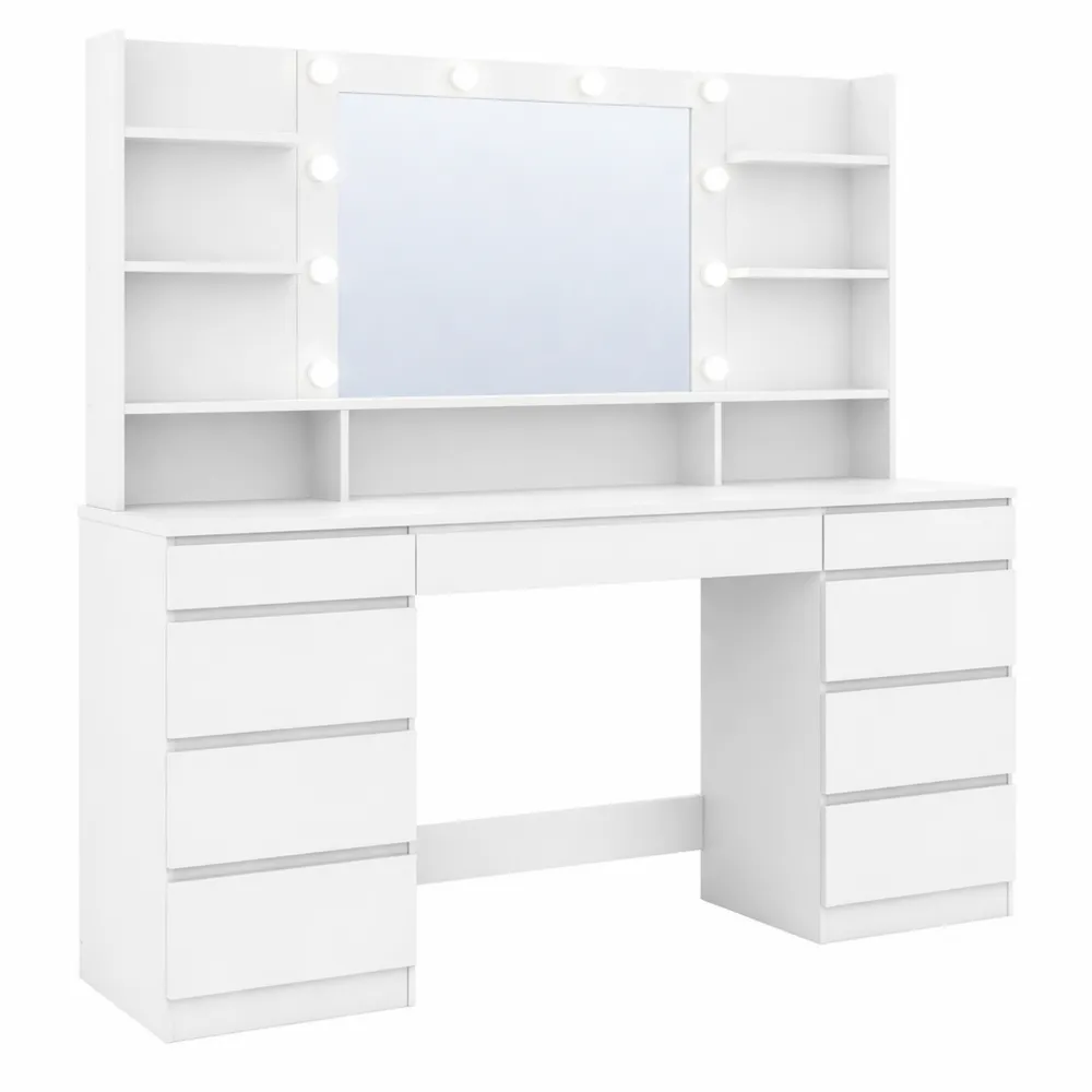 Schminktisch mit LED-Beleuchtung, verstellbare Helligkeit, großer Spiegel, 9 Schubladen, 9 Fächer, Weiß