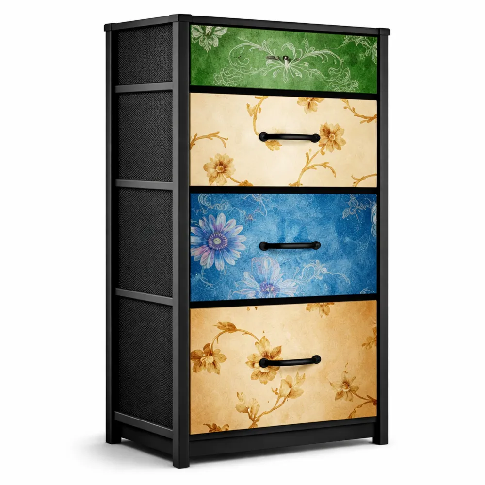 Hoher Stoff-Aufbewahrungsschrank mit 4 Schubladen, Vintage Design für Schlafzimmer, Wohnzimmer und Flur