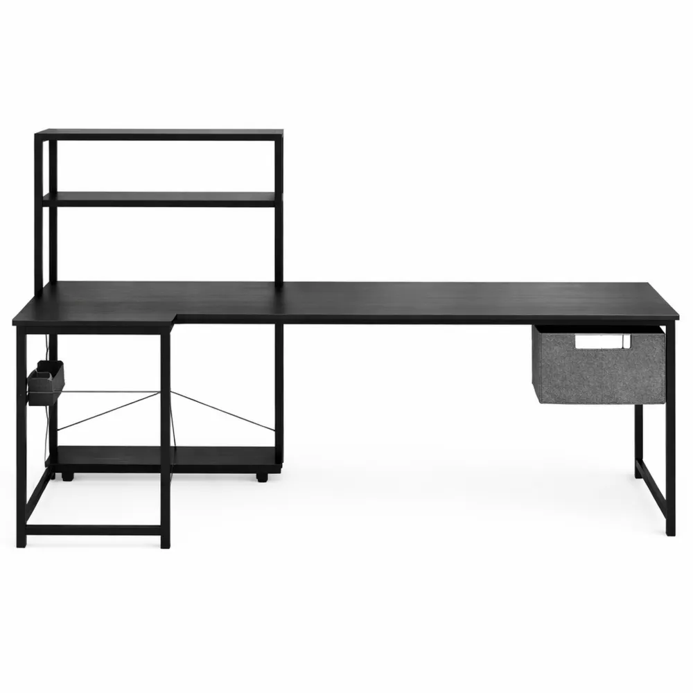 Eckschreibtisch mit LED, Steckdosen und Ablageregalen, 135 × 100 cm für Büro und Gaming, Schwarz