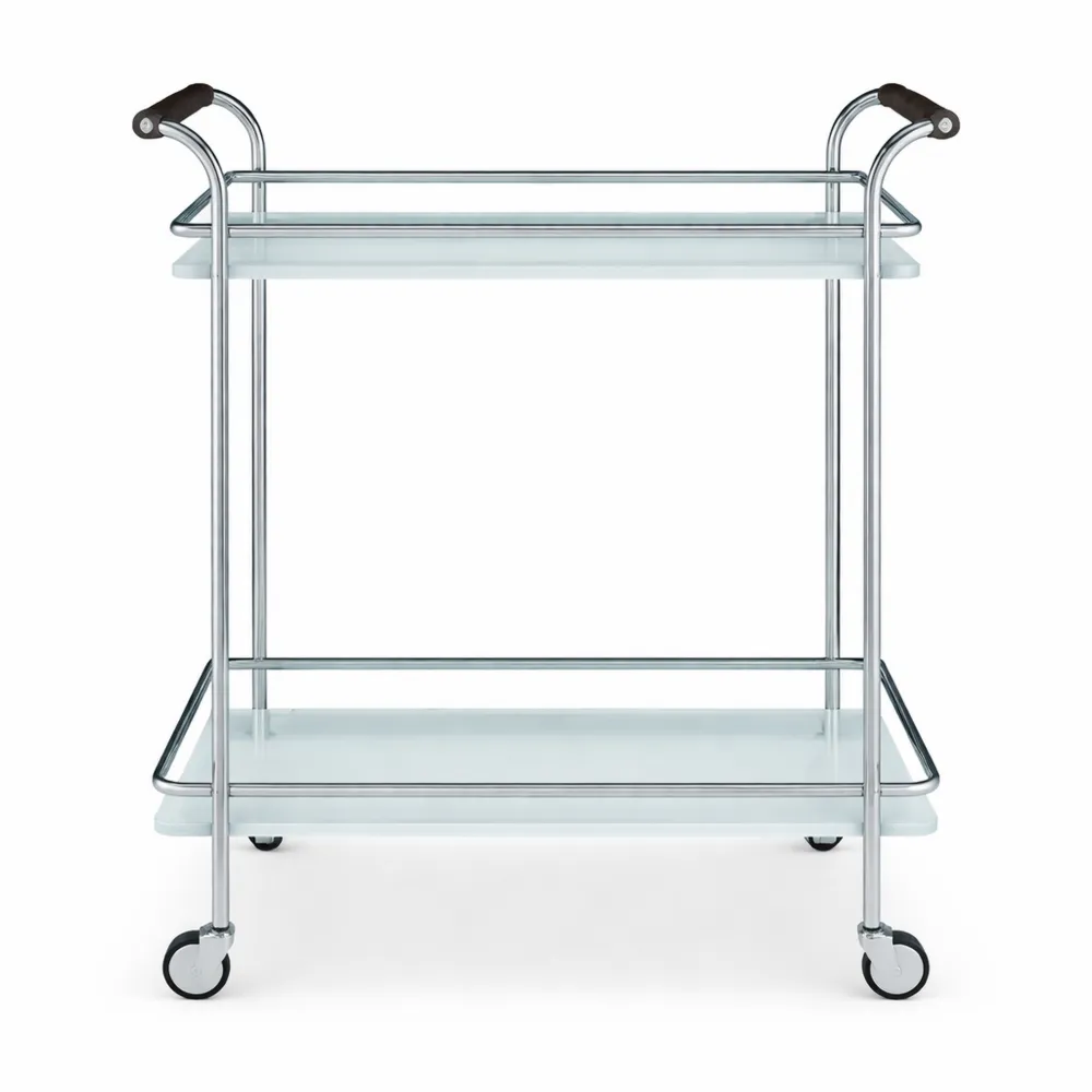 Moderner Servierwagen aus Milchglas mit 2 Ebenen und Rollen, 85x66x43 cm, Silberfarben