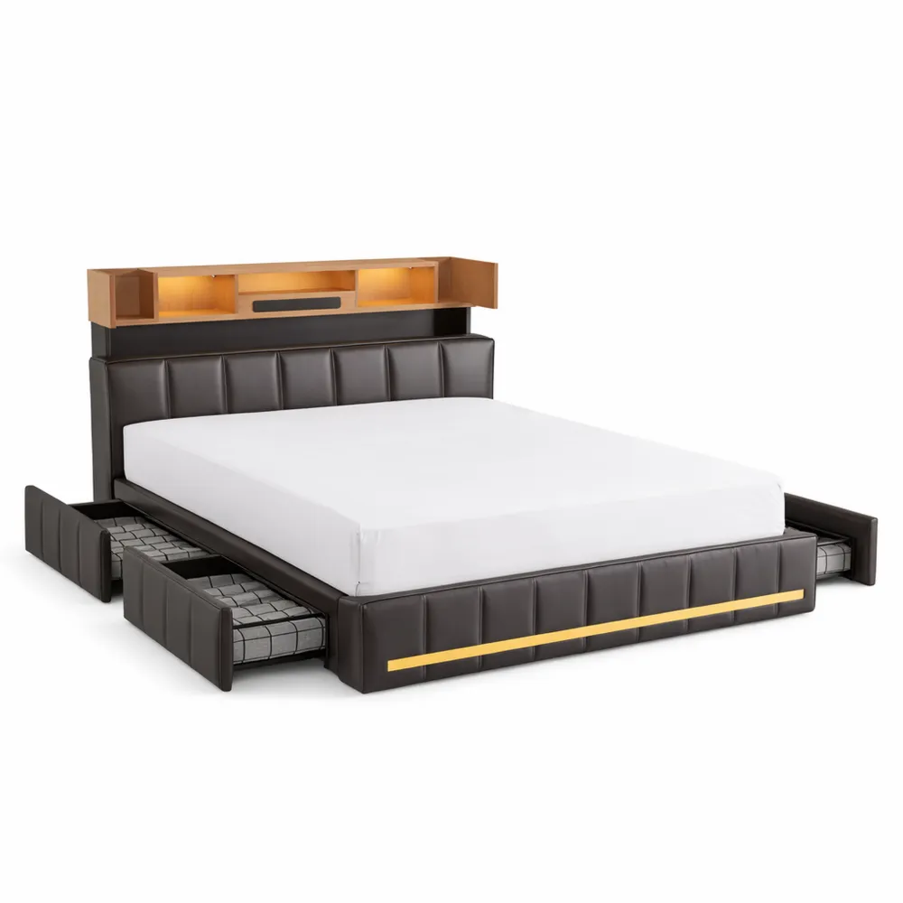 Doppelbett mit LED und Stauraum in Grau, 160x200 cm, mit Polsterkopfteil und Schubladen