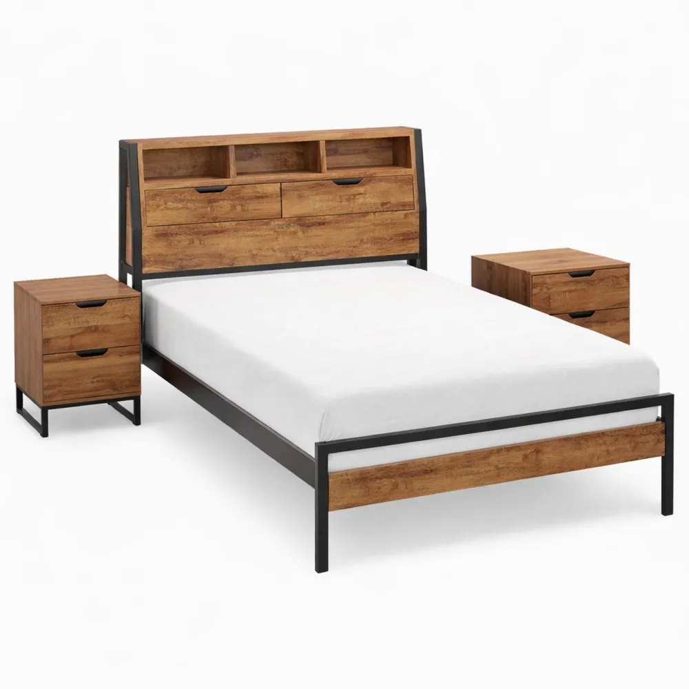 Einzelbett 90x200 cm mit LED-Beleuchtung und Stauraum, Metallrahmen und Holzkopfteil