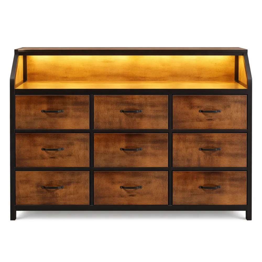 Schubladenschrank mit LED und USB für Wohnbereiche, 9 Stoffschubladen