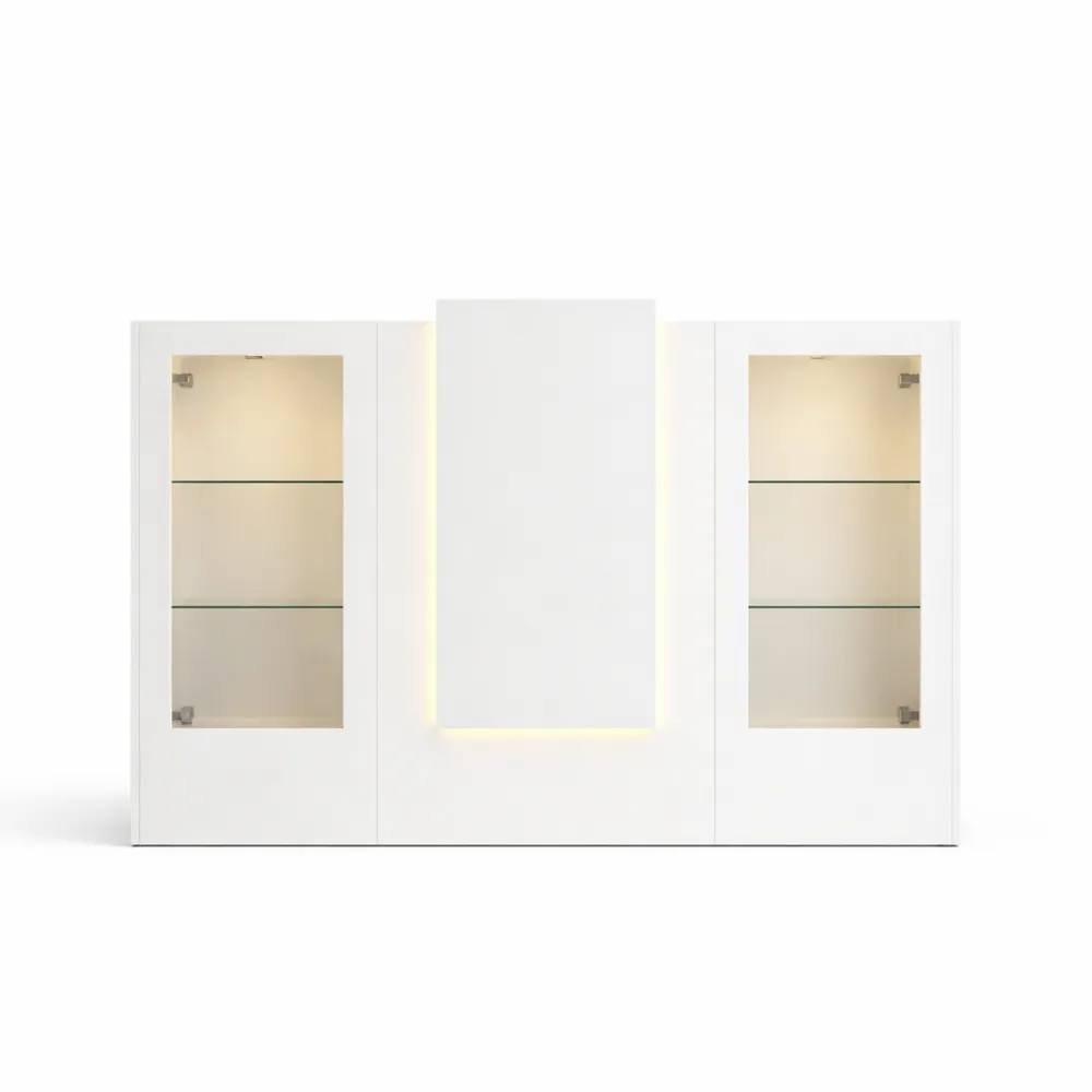 Moderner Empfangsschalter mit LED-Beleuchtung und Glasvitrine