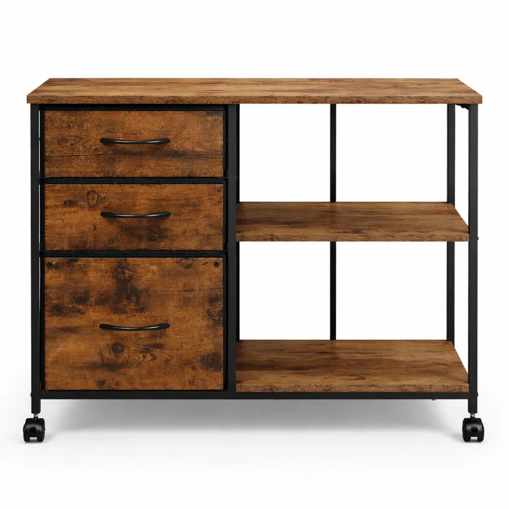 Mobiler Druckertisch mit Schubladen und Ablagen aus Holz und Metall, Vintagebraun