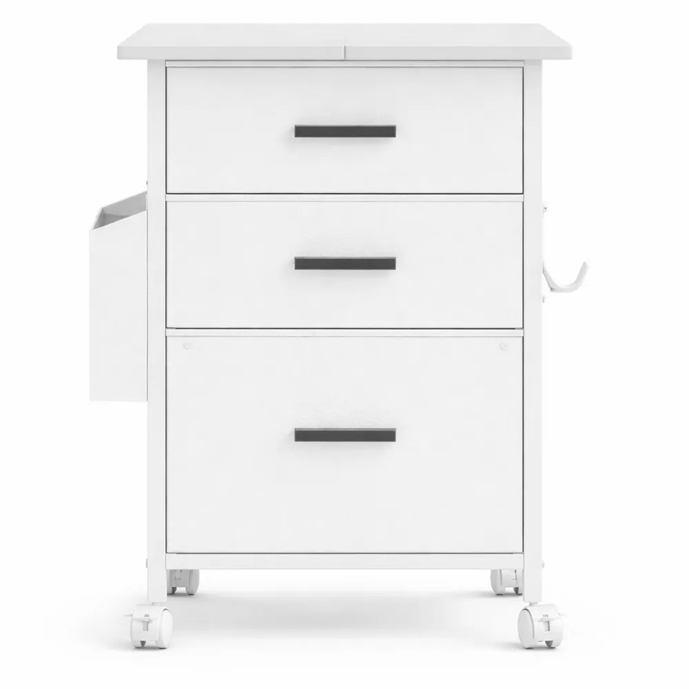 Rollcontainer mit 3 Schubladen und Rollen für DIN A4 Dokumente, Druckerständer, 56 cm Breite, Industriestil, Weiß