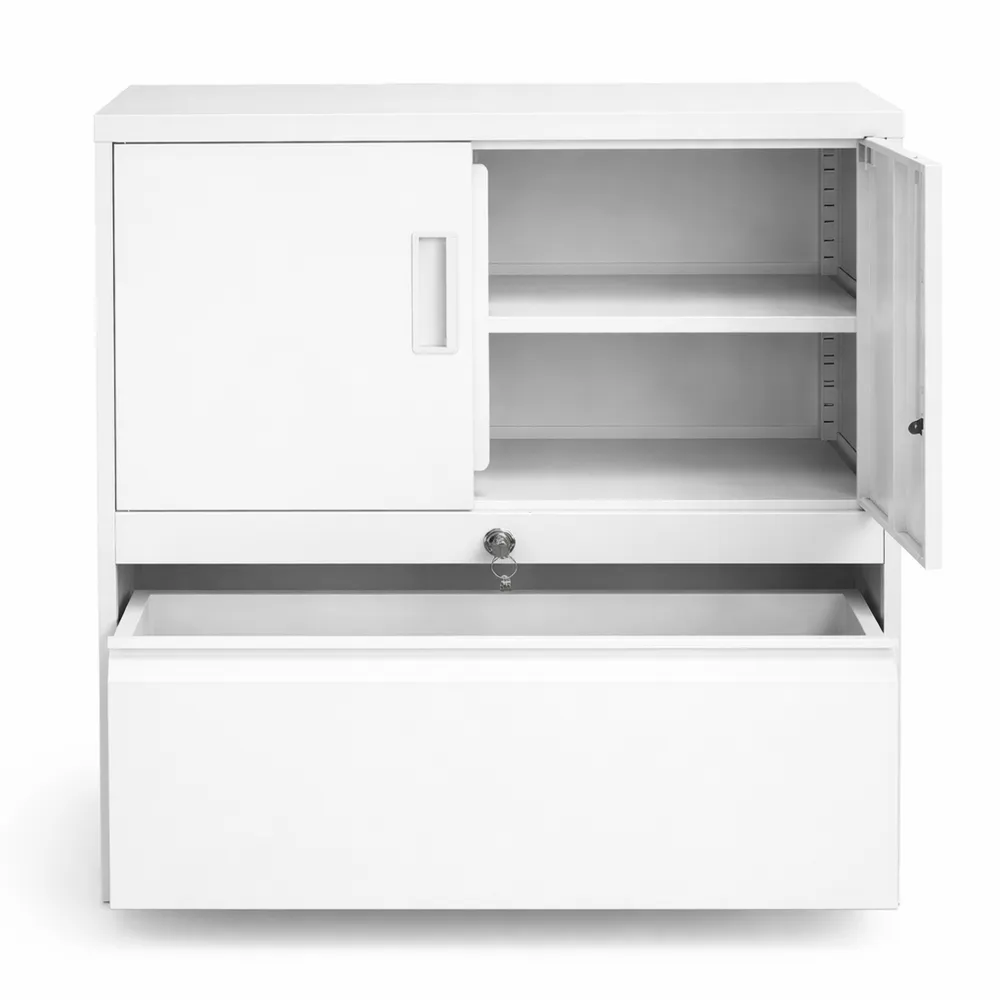 Vielseitiger Stahlschrank mit Schublade und verstellbaren Regalen, abschließbar, Weiß