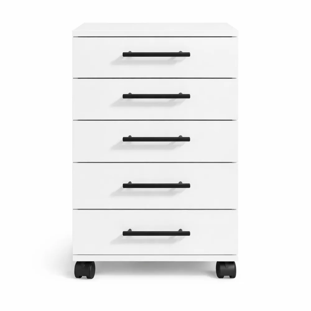 Rollcontainer mit 5 Schubladen, Aktenschrank auf Rollen, Weiß