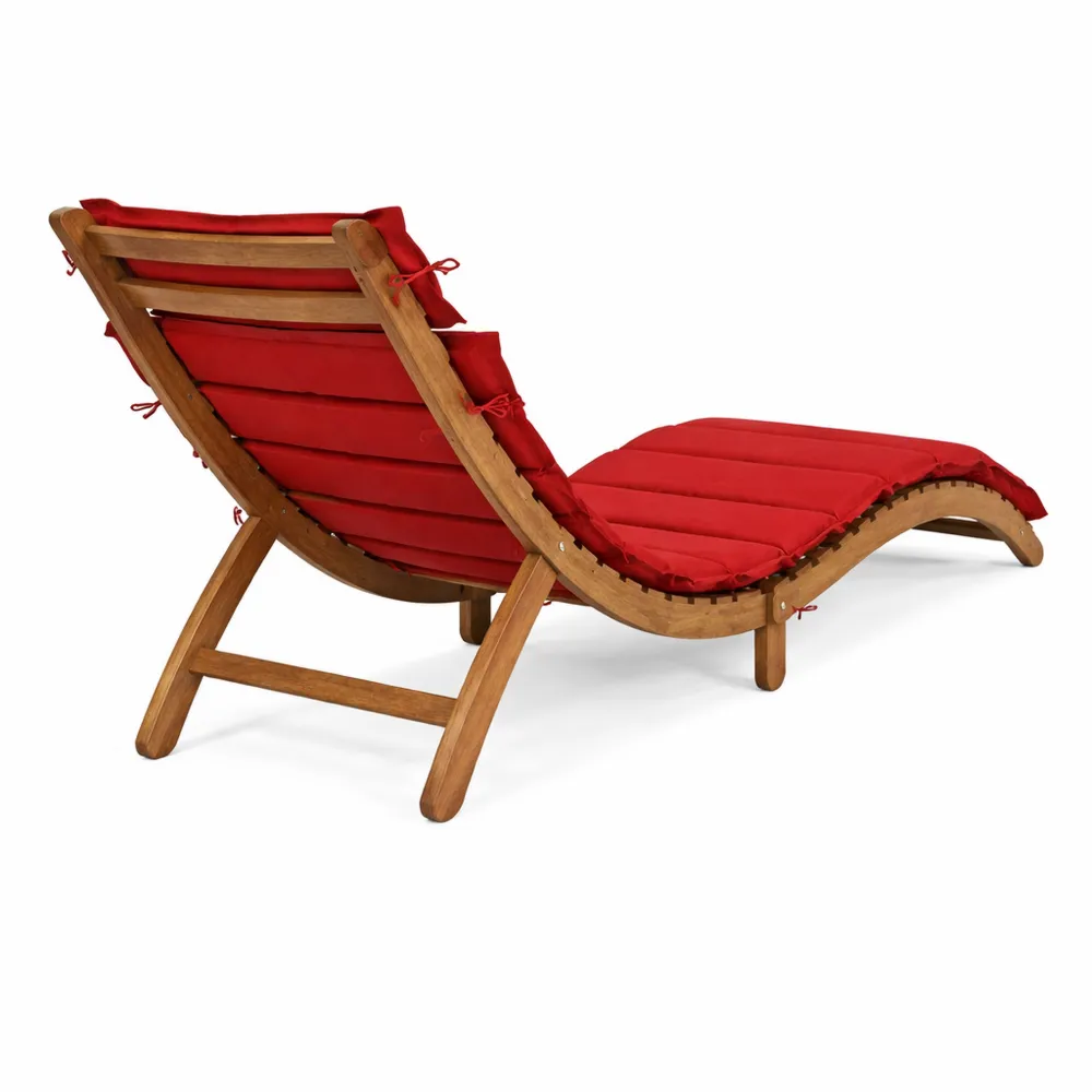 Klappbare Gartenliege 184x55cm aus geöltem Akazienholz mit Kopfstütze und rotem Polster