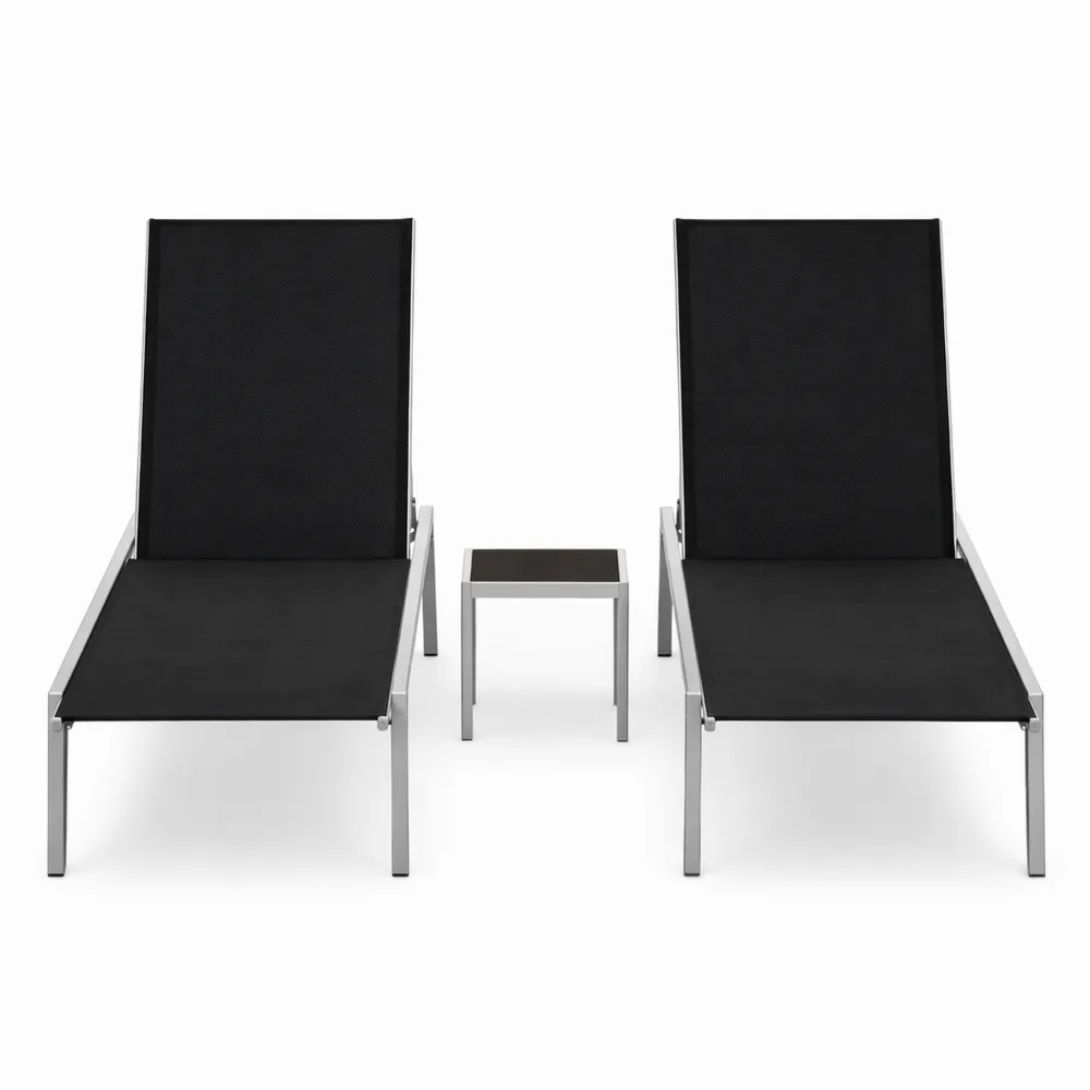 Garten-Sonnenliegen Set mit Tisch, Stahl und Textilene, Schwarz
