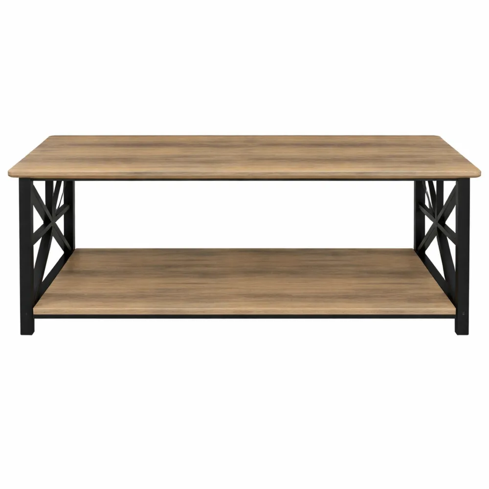 Rustikaler Wohnzimmertisch mit Regal, Holz-Metall-Kombination