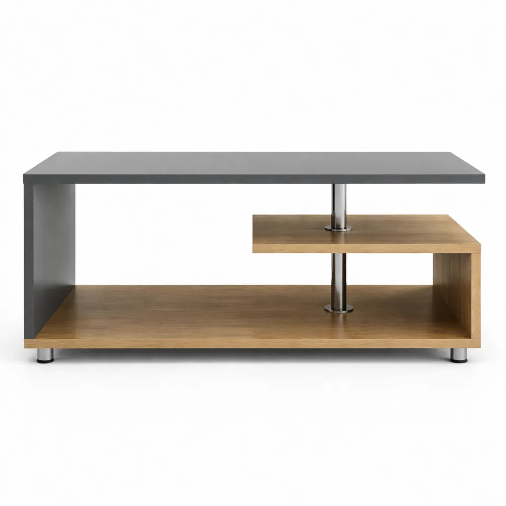 Moderner Couchtisch aus grauem Holz mit Stauraum und Edelstahlfüßen