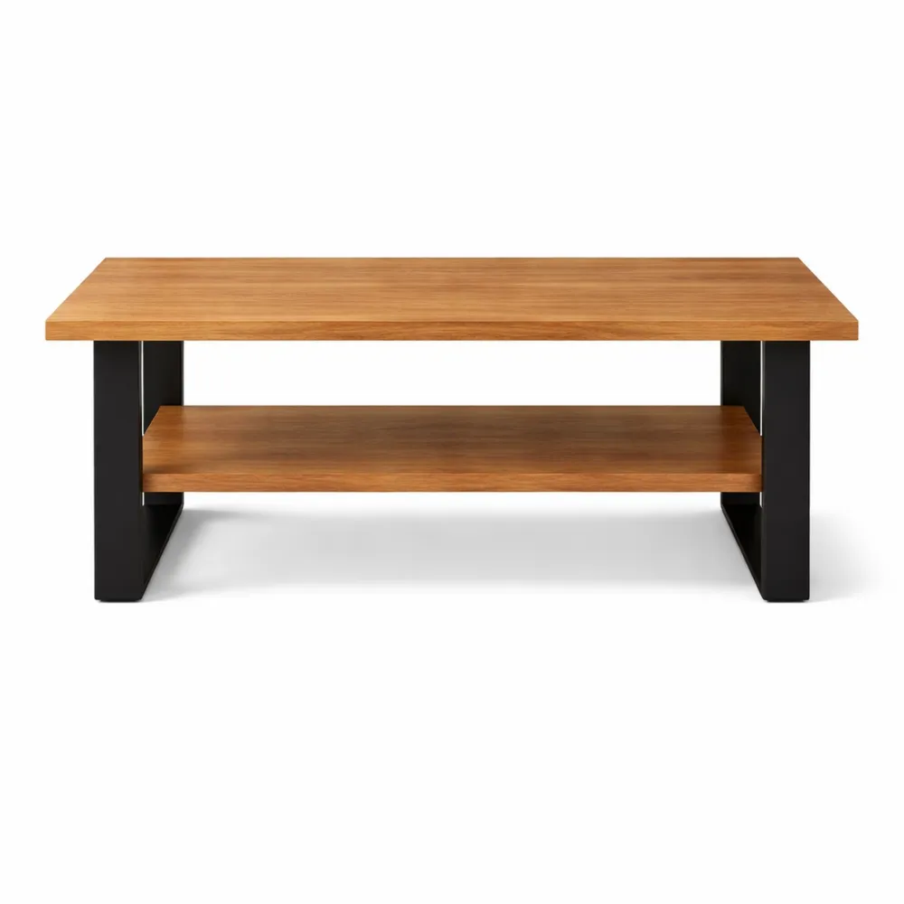 Massiver Couchtisch aus Akazienholz mit natürlicher Baumkante und Ablage