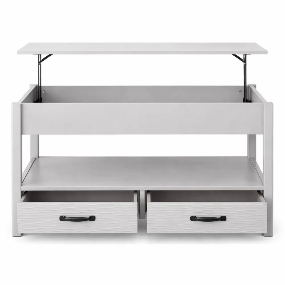 Höhenverstellbarer Couchtisch mit offener Ablage und Schubladen, anhebbare Tischplatte 50-63,5 cm, Grauer Holztisch