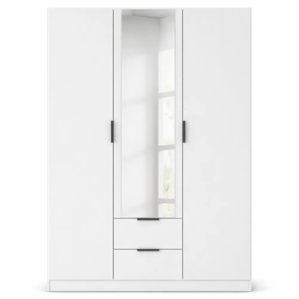 Drehtüriger Kleiderschrank mit Spiegel und Schubladen, Weiß, 136 cm