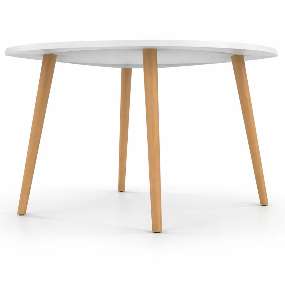 Runder Esstisch für 6-8 Personen, Weiß mit Holzbeinen, Durchmesser 110-150 cm