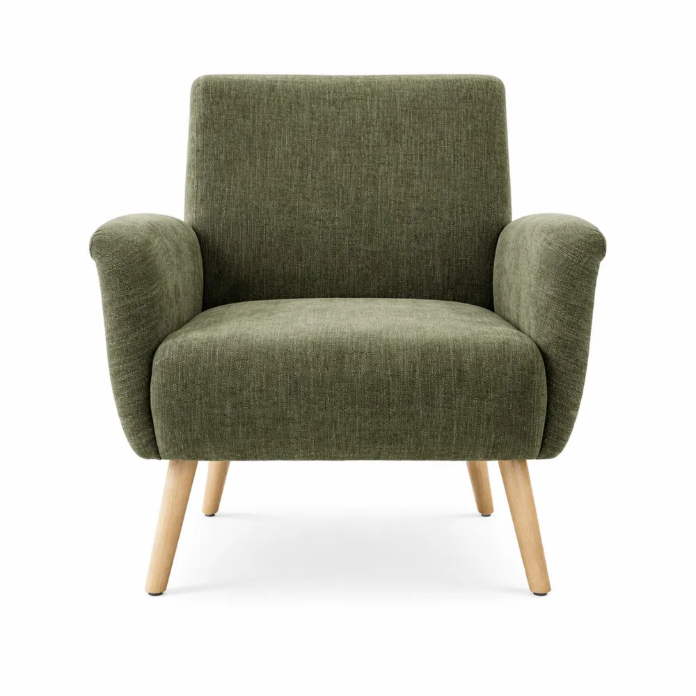 Moderner Polstersessel mit Chenille-Stoff und Holzbeinen, bequemer Lesesessel in Grün