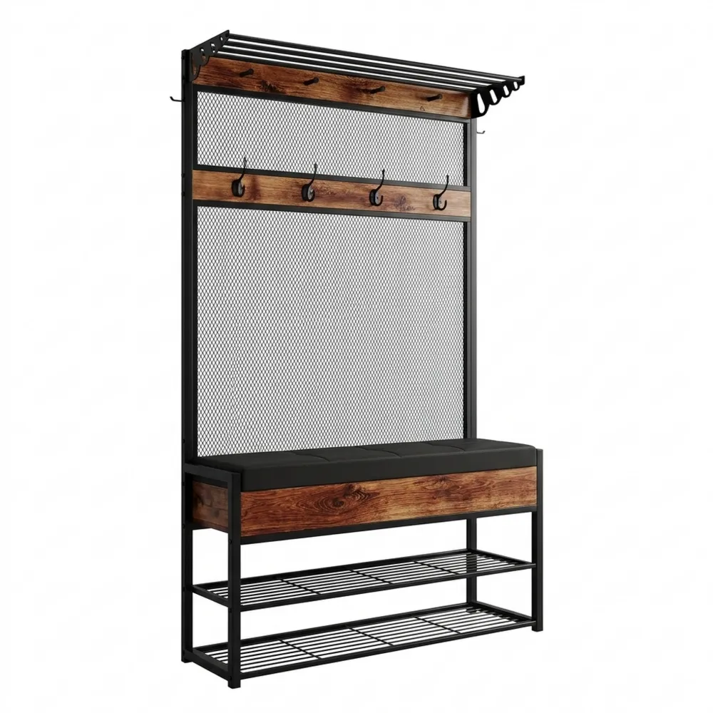 Garderobenständer mit Sitzbank und Schuhablage, 12 Doppelhaken, Stauraum, Dunkelbraun