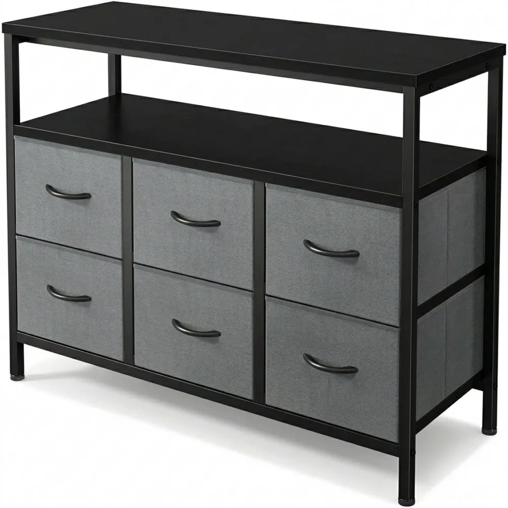 Schubladenkommode mit Steckdosen und USB, 6 Stoffschubladen, ideal für Schlafzimmer und Wohnzimmer, Schwarz