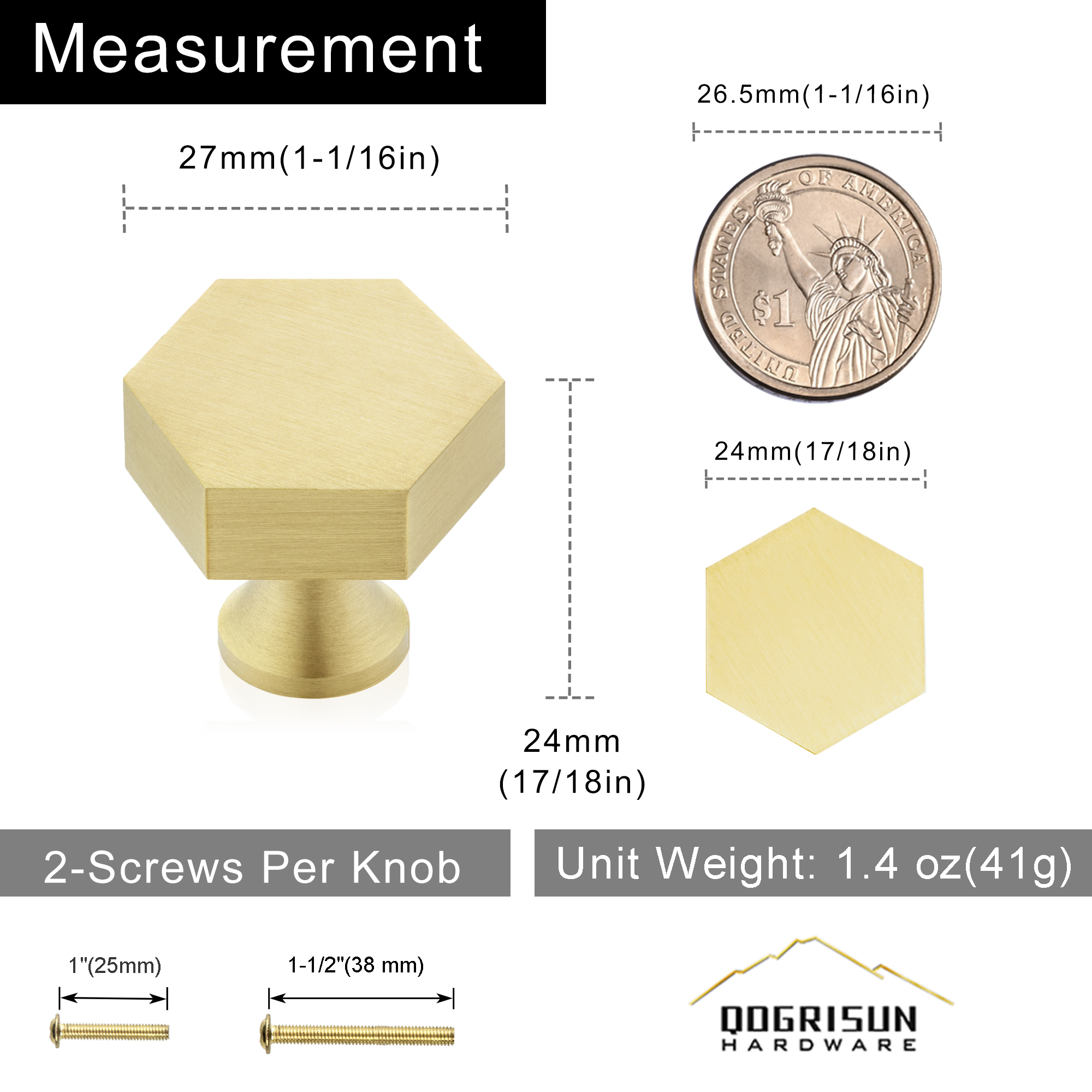 Solid Brass Hexagon Cabinet Knobs