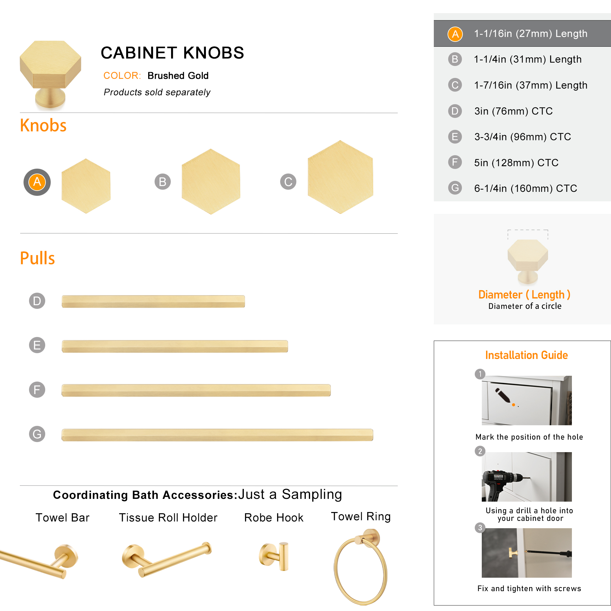 Solid Brass Hexagon Cabinet Knobs