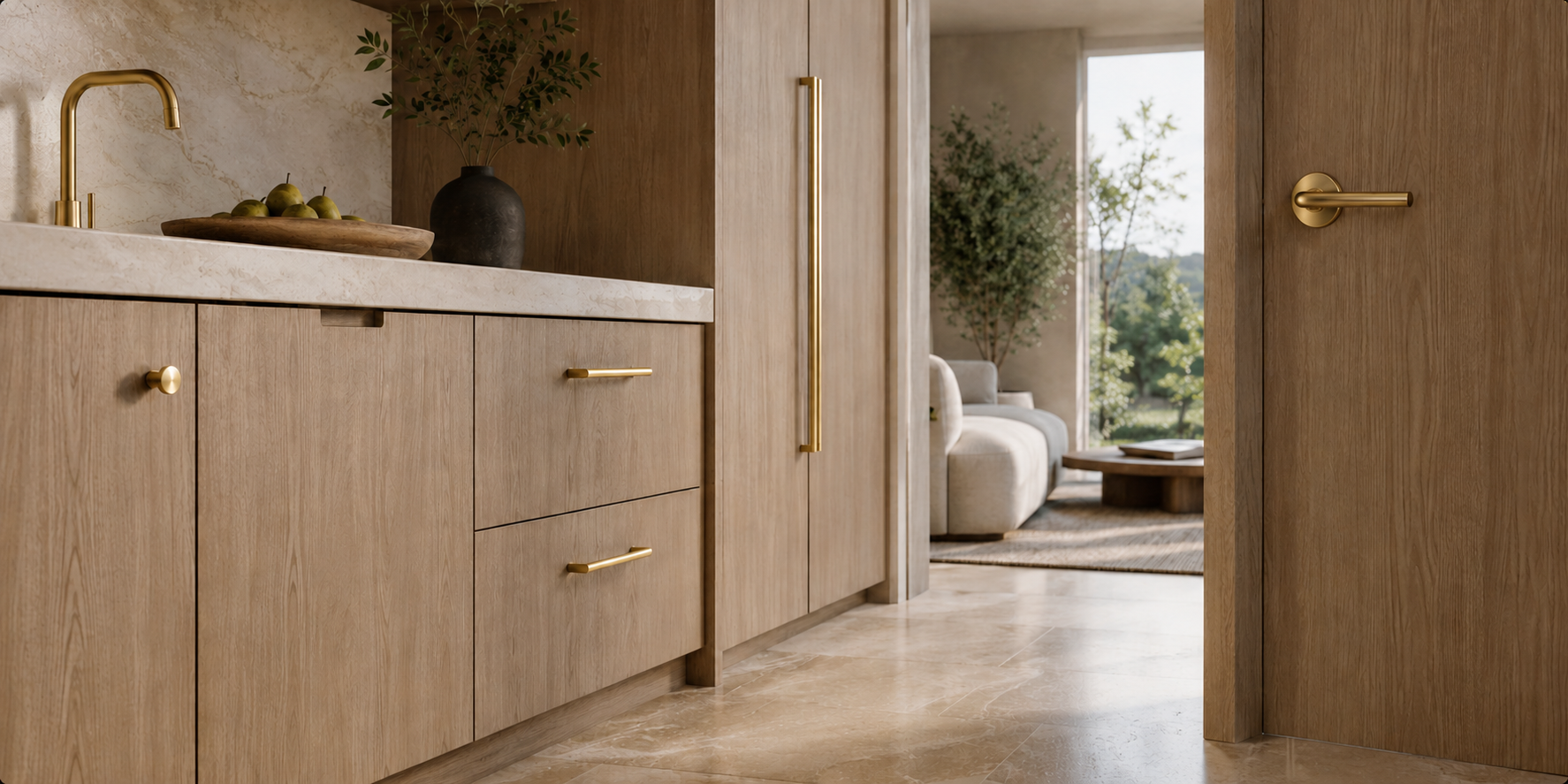 Minimalist QOGRISUN brass cabinet pulls in a modern kitchen.