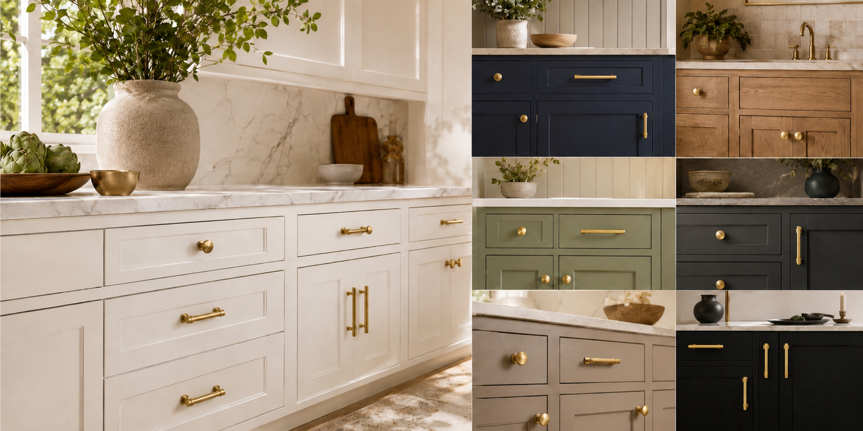 Qogrisun brass cabinet hardware on warm white kitchen cabinets