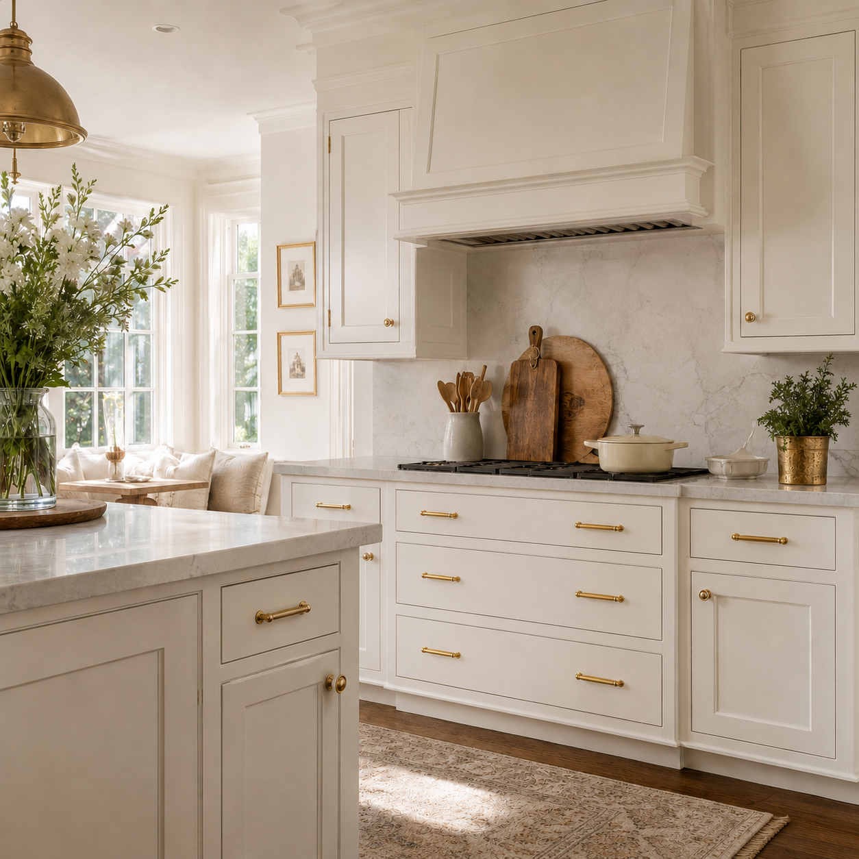 Brass cabinet knobs and pulls on warm white cabinets by QOGRISUN