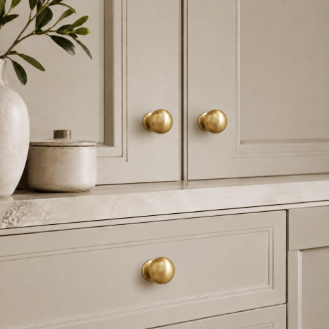 Close-up of a solid brass cabinet knob on a painted shaker cabinet door