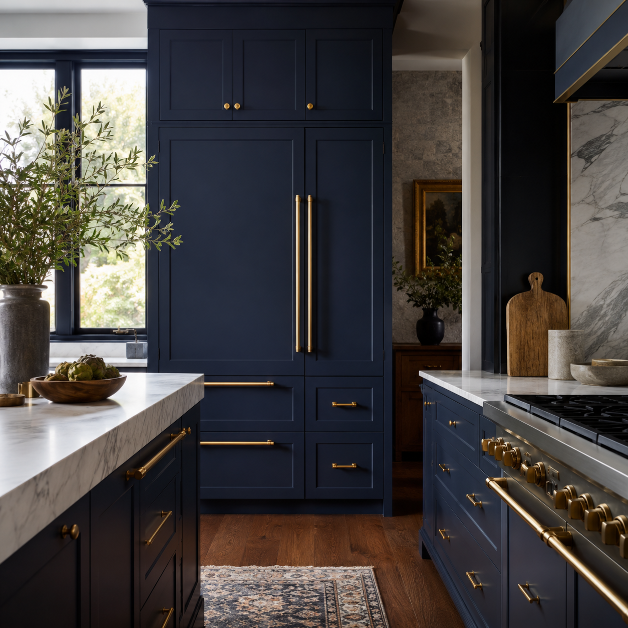 QOGRISUN brass cabinet pulls on navy blue cabinetry