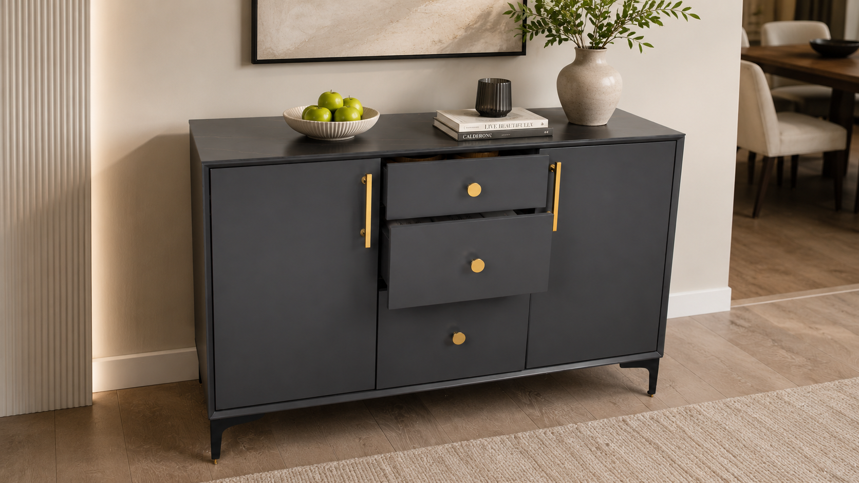 QOGRISUN brass single hole pulls and two hole cabinet pulls on minimalist cabinets.
