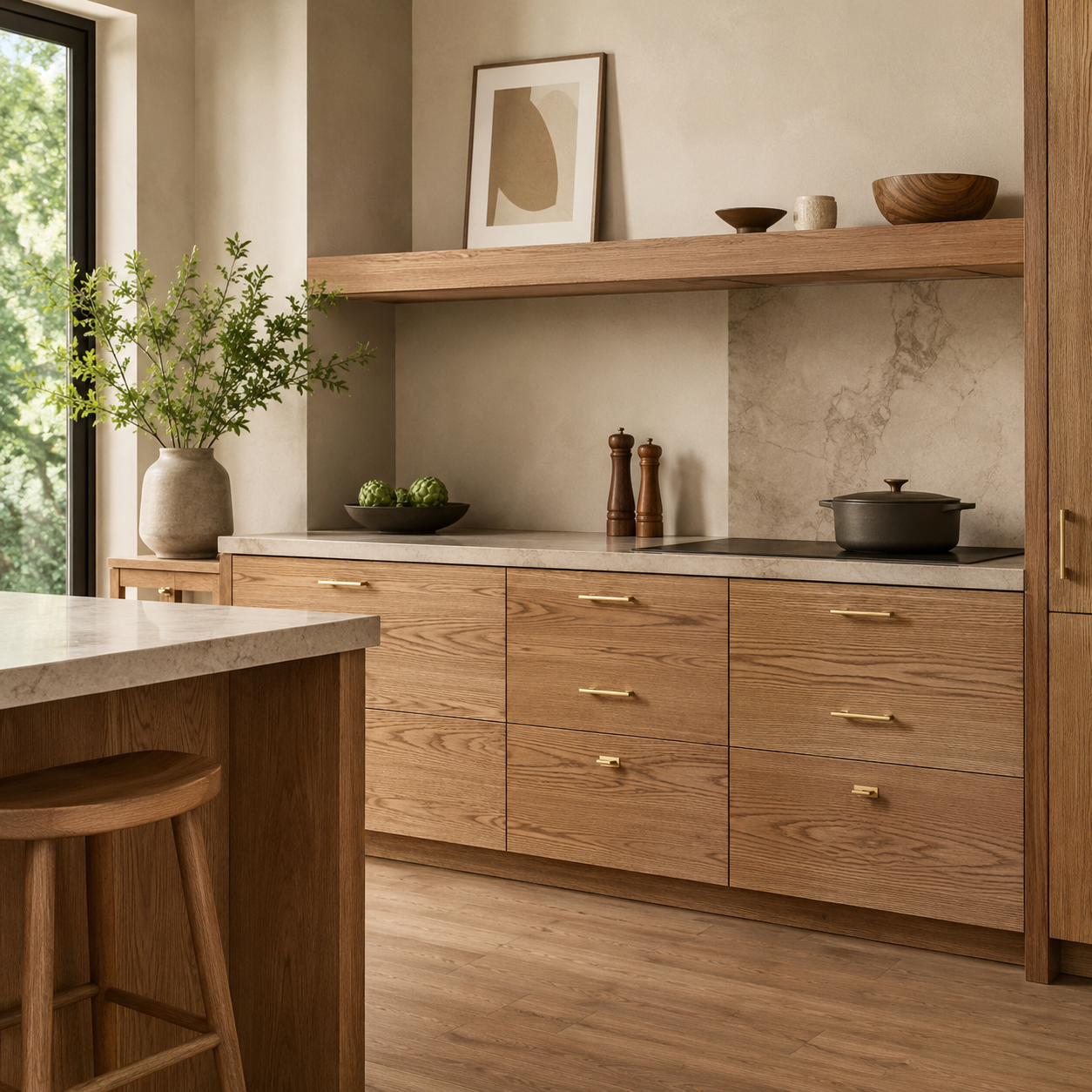 QOGRISUN brass pulls on natural wood cabinets