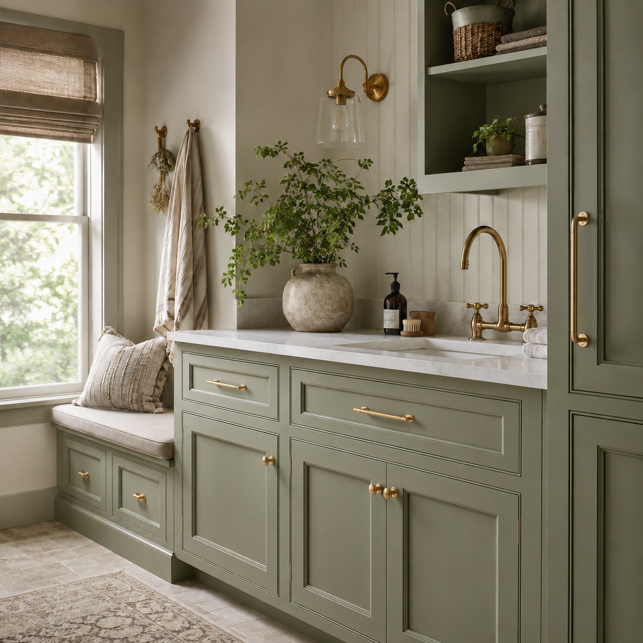 QOGRISUN brass cabinet knobs and backplates on sage green cabinets