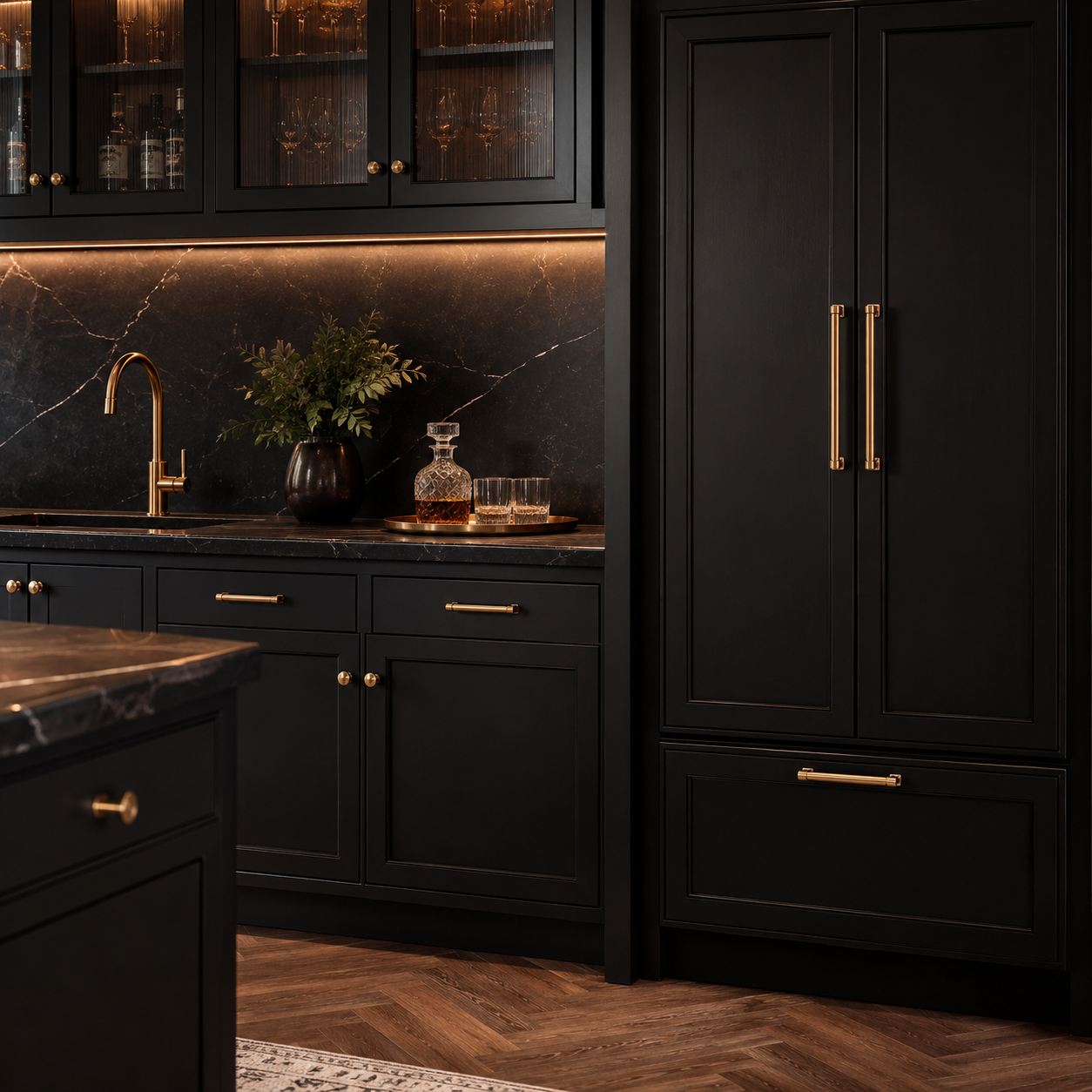 QOGRISUN brass cabinet pulls on matte black cabinets