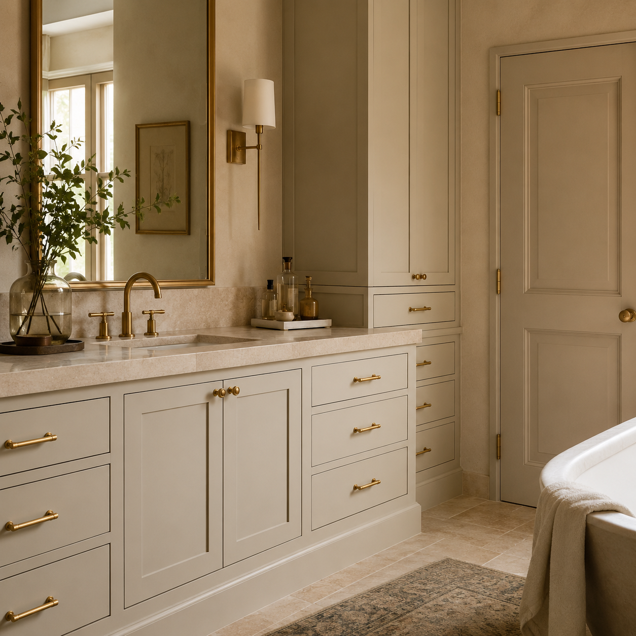 QOGRISUN brass cabinet hardware on cream kitchen cabinets