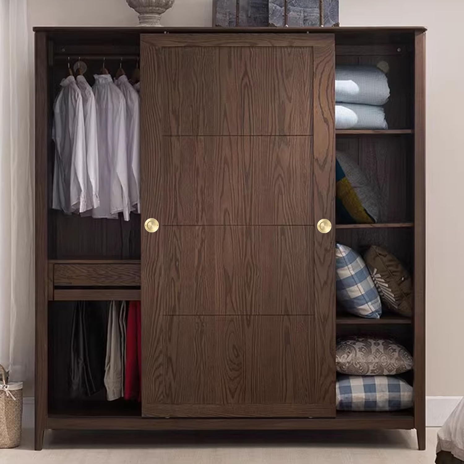 QOGRISUN 4-Pack Solid Brass Finger Pulls for Sliding Doors, 2-1/8 Inch Flush Recessed Handle, Brushed Gold Closet Door Hardware, Round Cup Pull for Cabinet, Drawer, and Pocket Doors