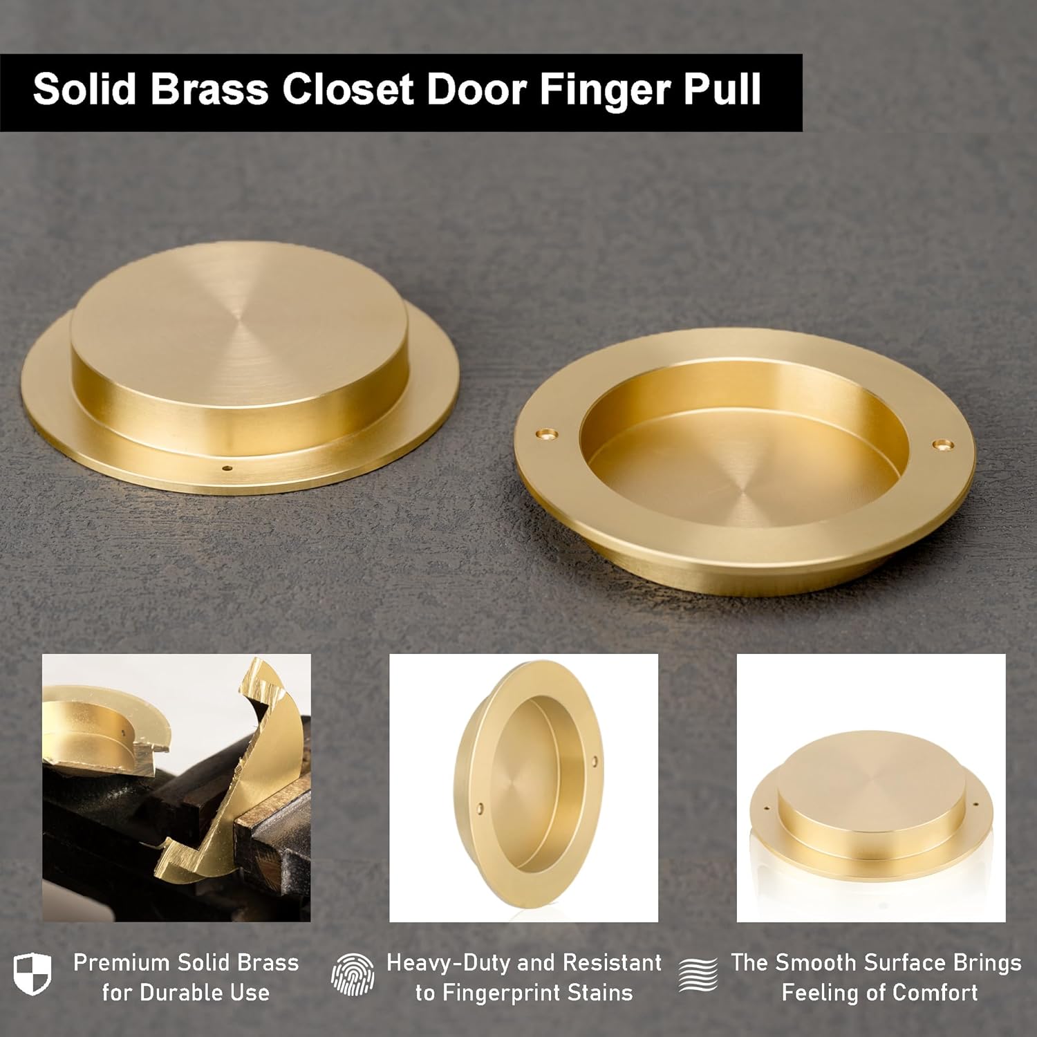 QOGRISUN 4-Pack Solid Brass Finger Pulls for Sliding Doors, 2-1/8 Inch Flush Recessed Handle, Brushed Gold Closet Door Hardware, Round Cup Pull for Cabinet, Drawer, and Pocket Doors