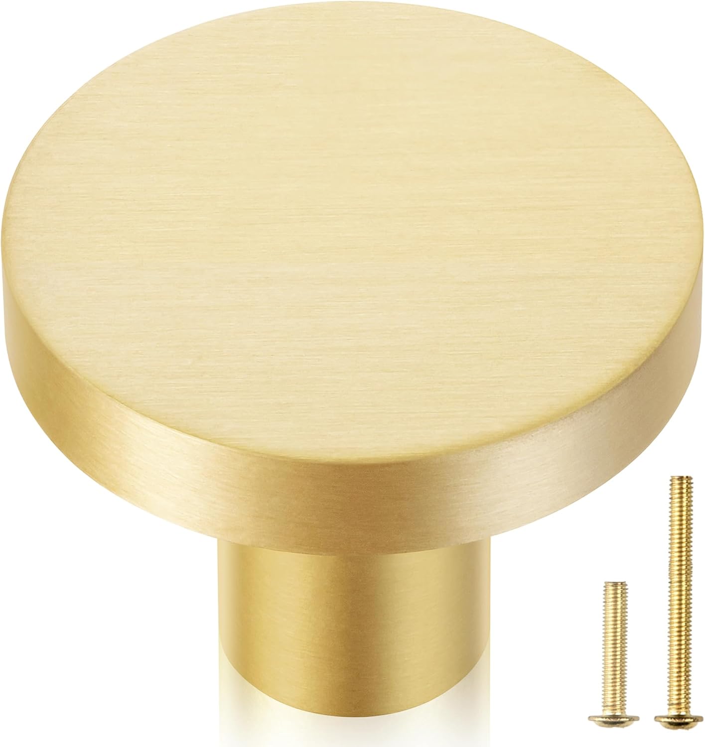 QOGRISUN 10-Pack Solid Brass Cabinet Knobs, 1-Inch Diameter, Round Gold Dresser Drawer Pulls Handles, Modern Kitchen Hardware, Brushed Brass Finish
