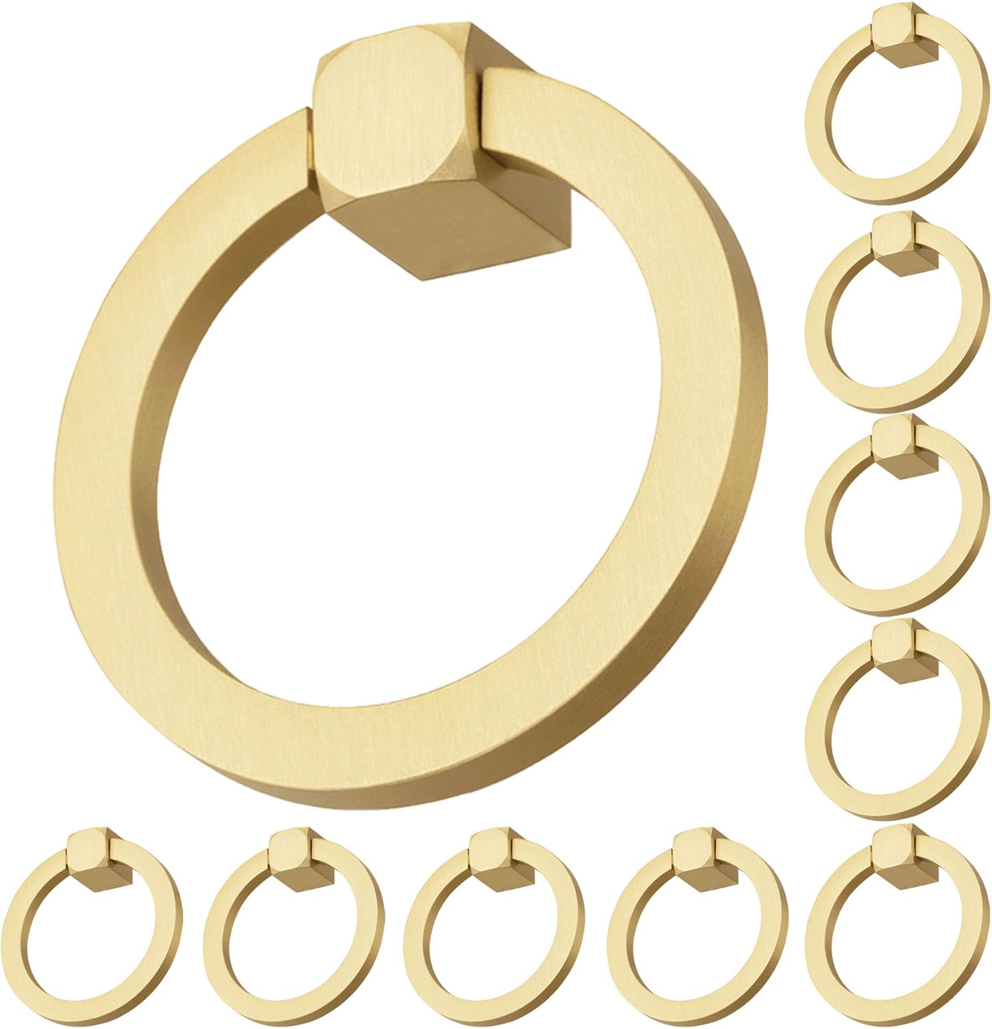 QOGRISUN 10-Pack Solid Brass Ring Pulls for Dresser Drawer, 1-7/8" Gold Ring Cabinet Pulls, Wardrobe Furniture Hardware Handles, Brushed Brass Finish